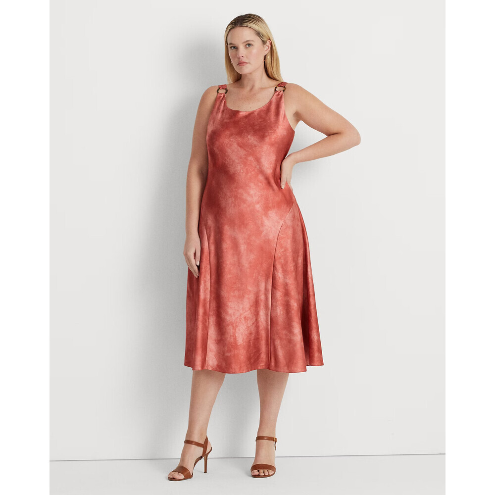 Lauren Ralph Lauren Dress Women's 16W Red Tie-Dye Satin Ring Trim A-Line RED1237